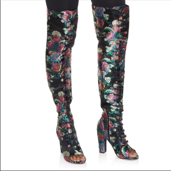 Black Lime Flower Embroidered Over the Knee Boots - Picture 4 of 4